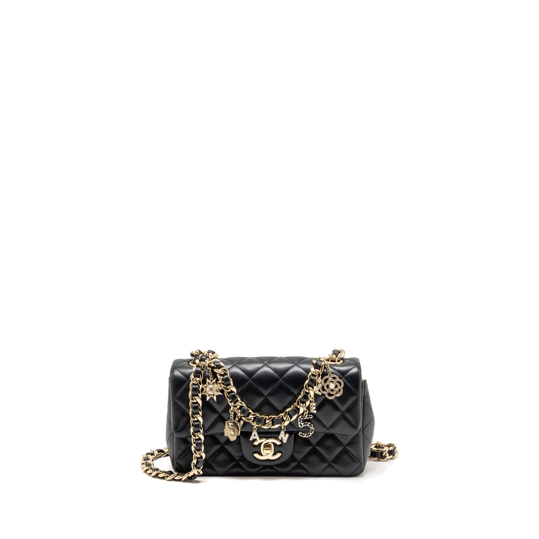 CHANEL COCO CHARMS MINI RECTANGULAR FLAP BAG LAMBSKIN BLACK LGHW