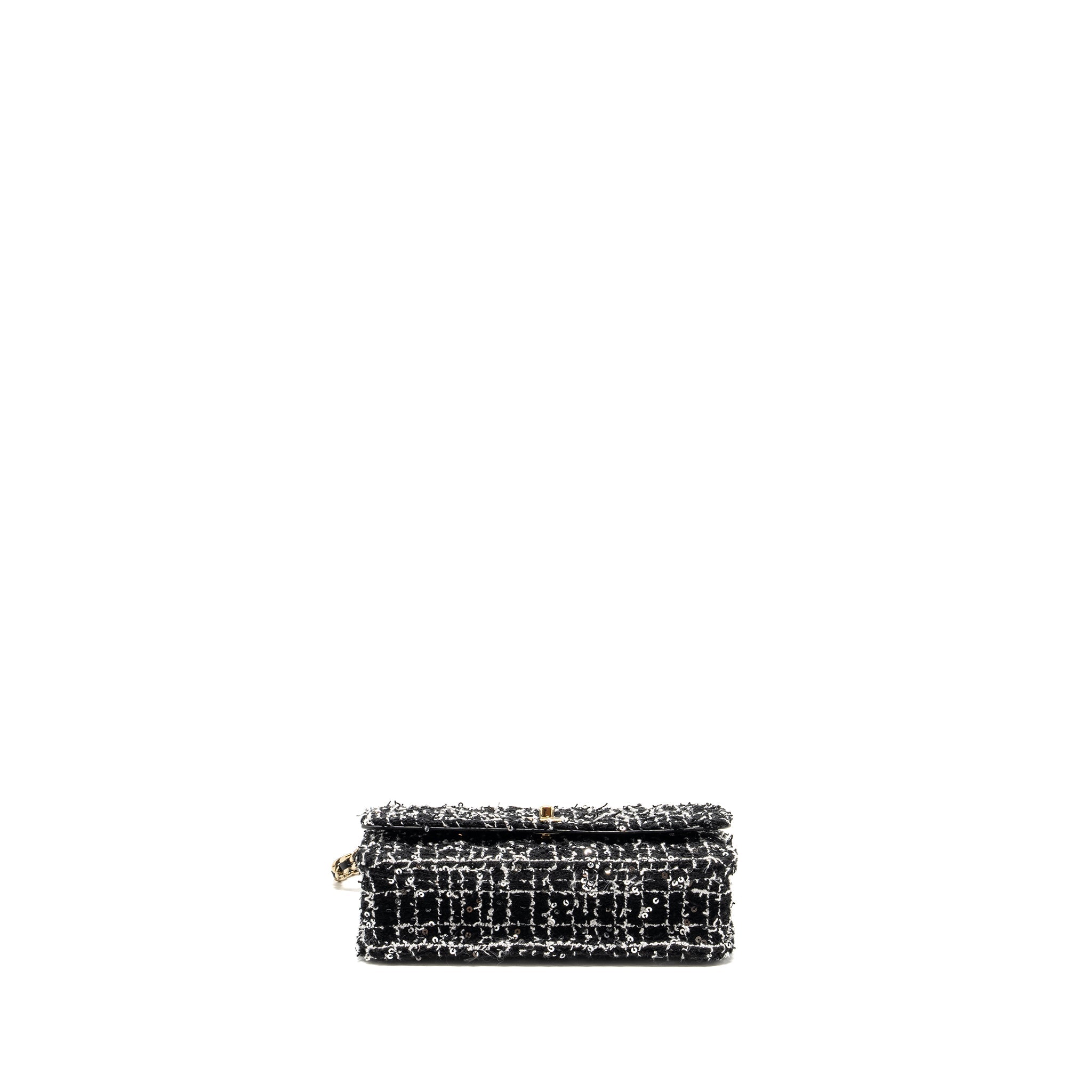 CHANEL 24P DETAIL CHAINS WALLET ON CHAIN TWEED/SEQUINS BLACK/WHITE LGHW (MICROCHIP)