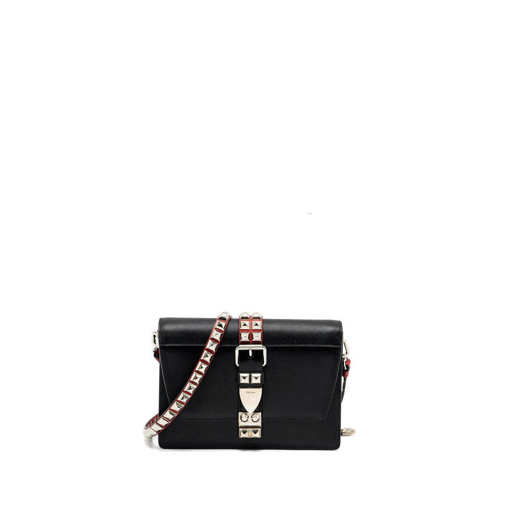PRADA ELECTRA CITY FLAP BAG CALFSKIN BLACK / RED SHW