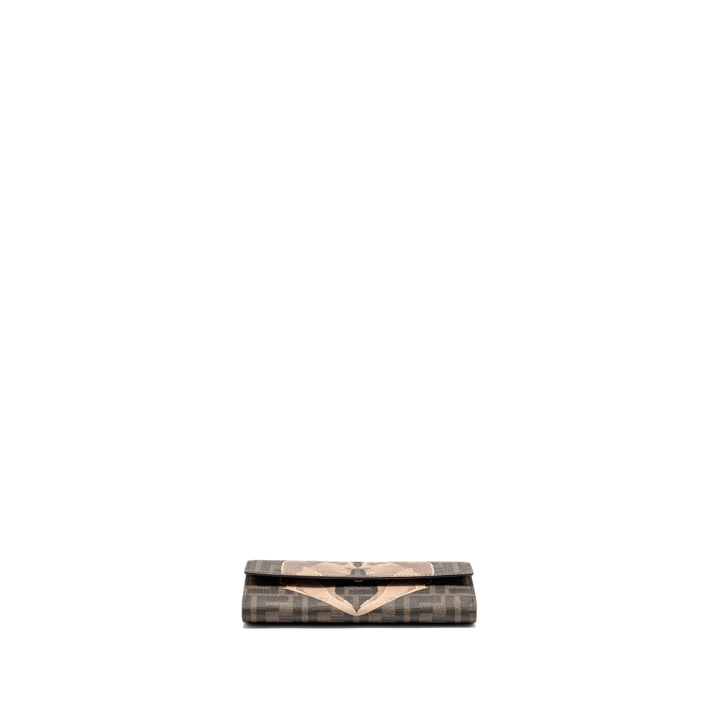 FENDI CONTINENTAL WALLET ON CHAIN FF FABRIC/CALFSKIN TOBACCO BROWN/BEIGE GHW