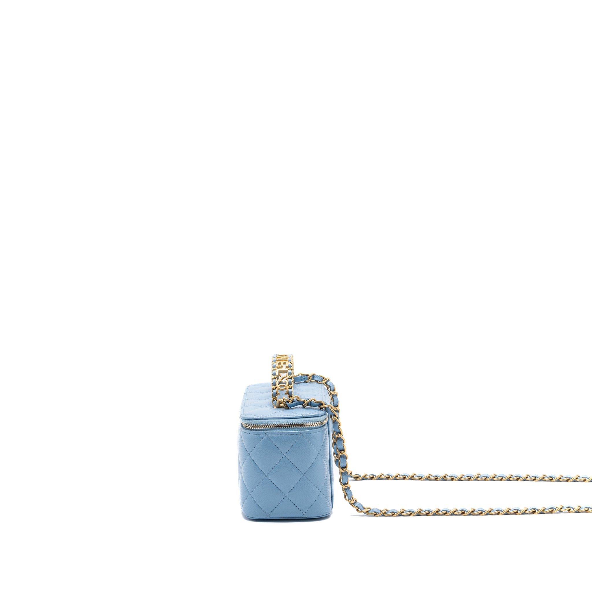 CHANEL DETAILED TOP HANDLE LONG VANITY WITH CHAIN CAVIAR LIGHT BLUE GHW