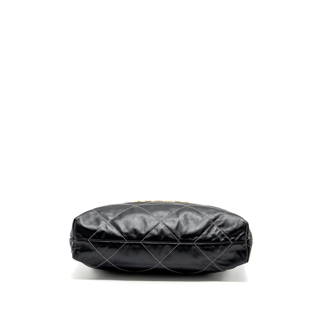 CHANEL MEDIUM 22 BAG SHINY CALFSKIN BLACK WITH WHITE STITCHING GOLD LETTER GHW (MICROCHIP)