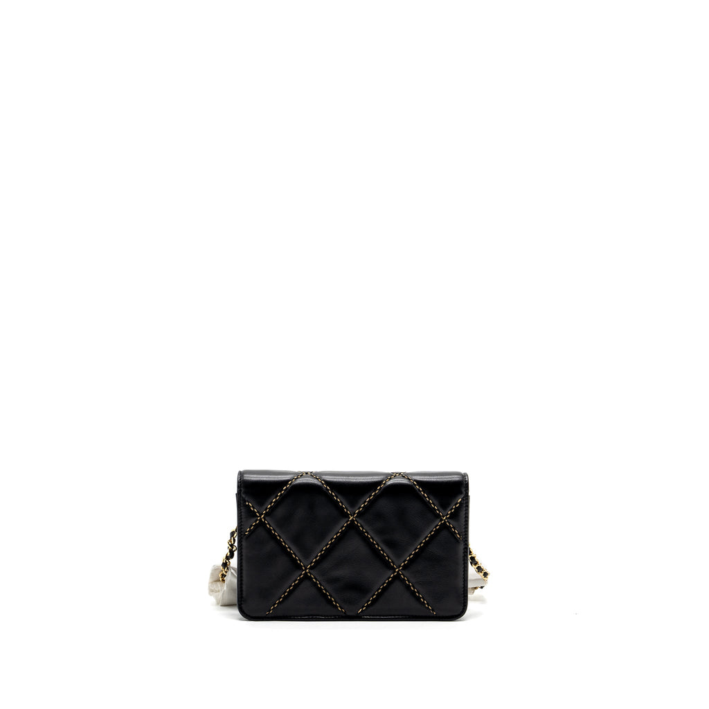 CHANEL QUILTED WALLET ON CHAIN SHINY CALFSKIN BLACK GHW (MICROCHIP)