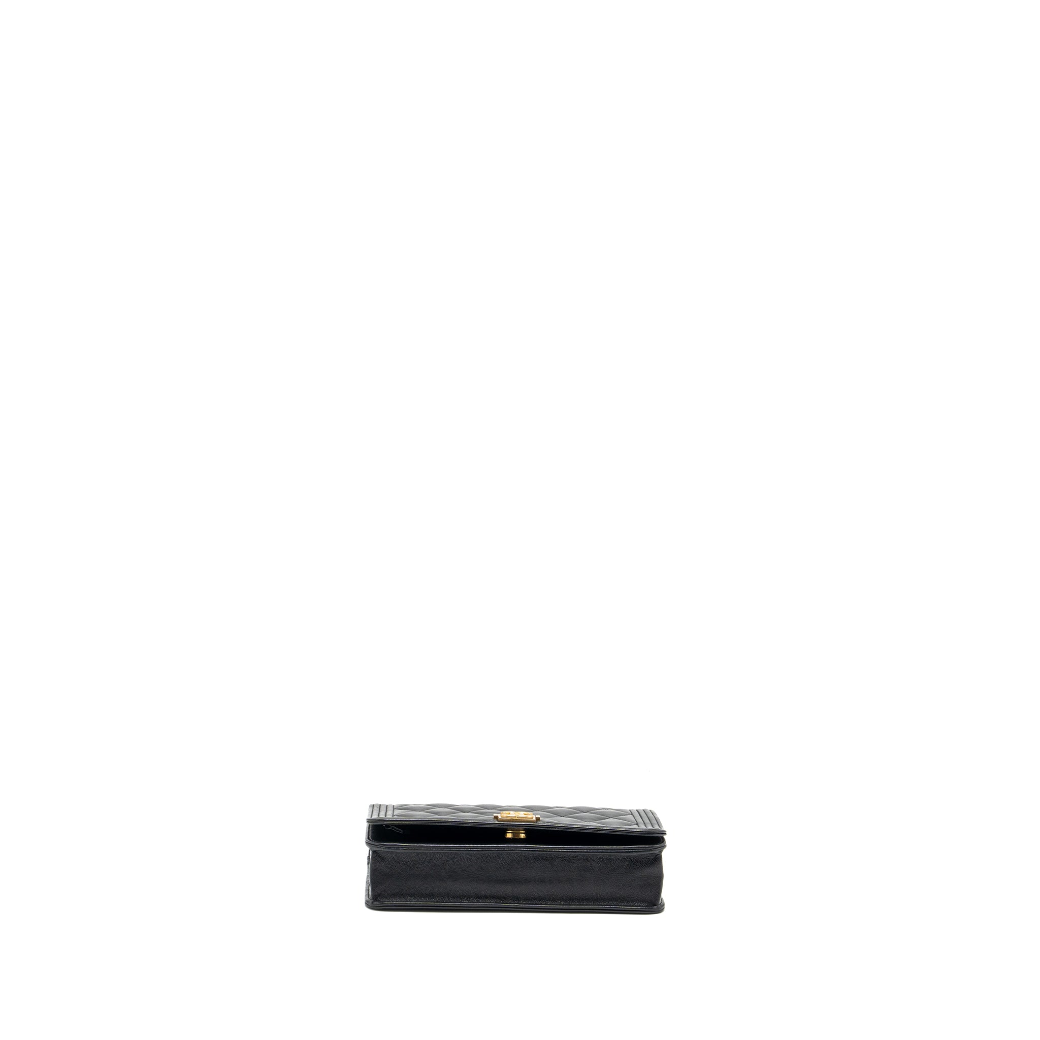 CHANEL BOY WALLET ON CHAIN LAMBSKIN BLACK BRUSHED GHW