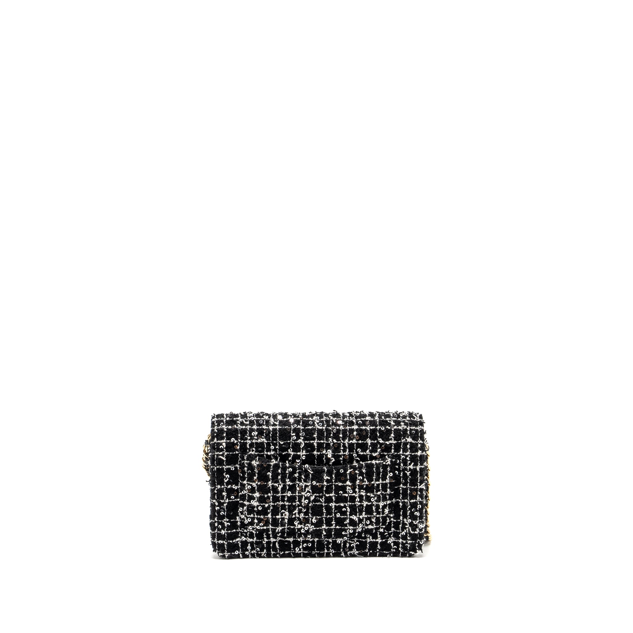 CHANEL 24P DETAIL CHAINS WALLET ON CHAIN TWEED/SEQUINS BLACK/WHITE LGHW (MICROCHIP)