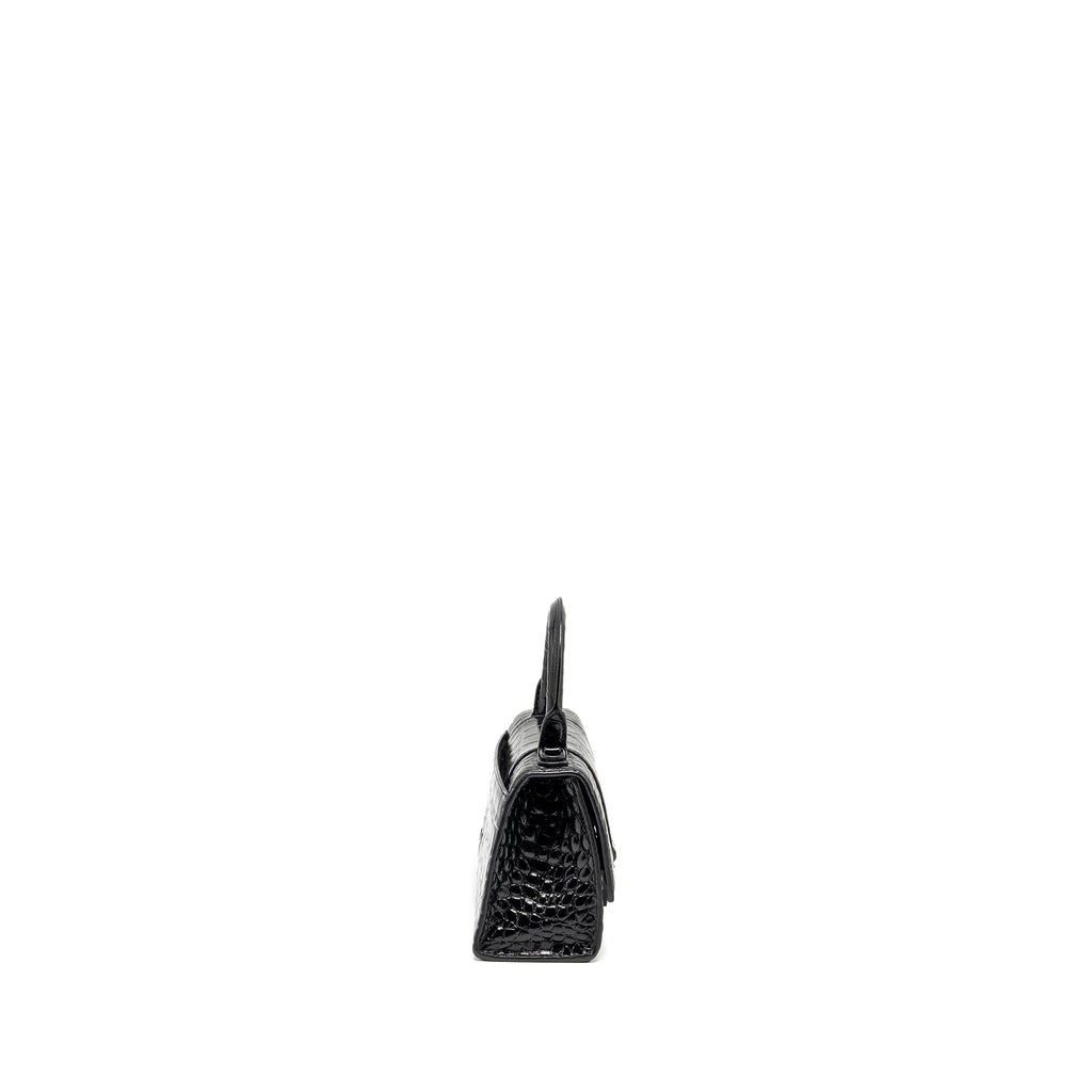 BALENCIAGA XS HOURGLASS CROC-EMBOSSED CALFSKIN SO BLACK