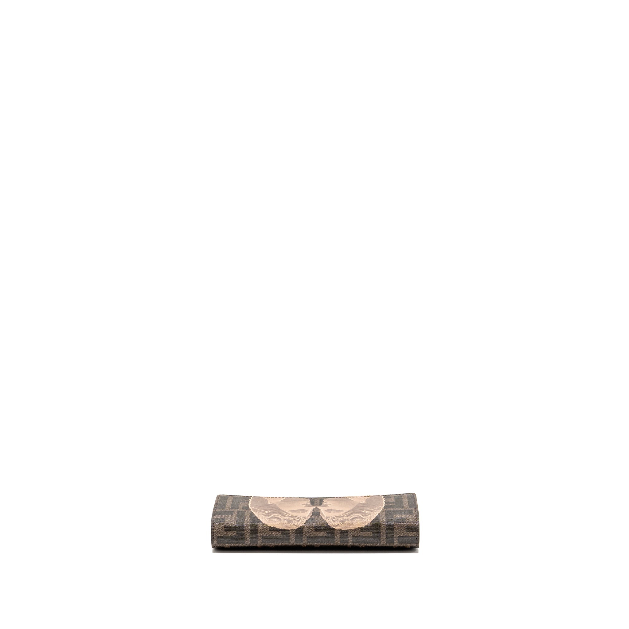 FENDI CONTINENTAL WALLET ON CHAIN FF FABRIC/CALFSKIN TOBACCO BROWN/BEIGE GHW
