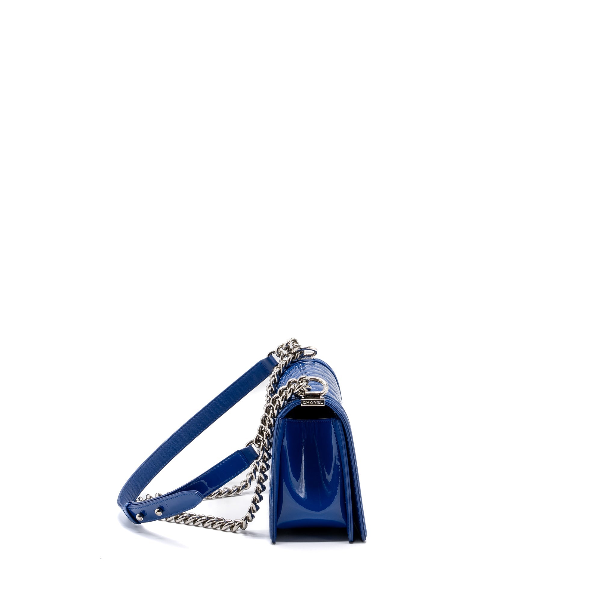 CHANEL MEDIUM BOY BAG PATENT DARK BLUE SHW