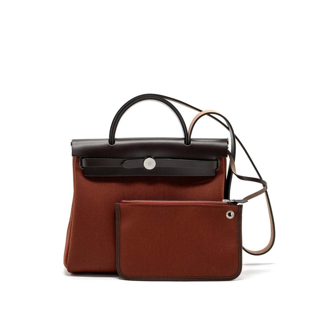 HERMES HERBAG ZIP 31 BAG CANVAS/ HUNTER LEATHER ROUGE H / EBENE SHW