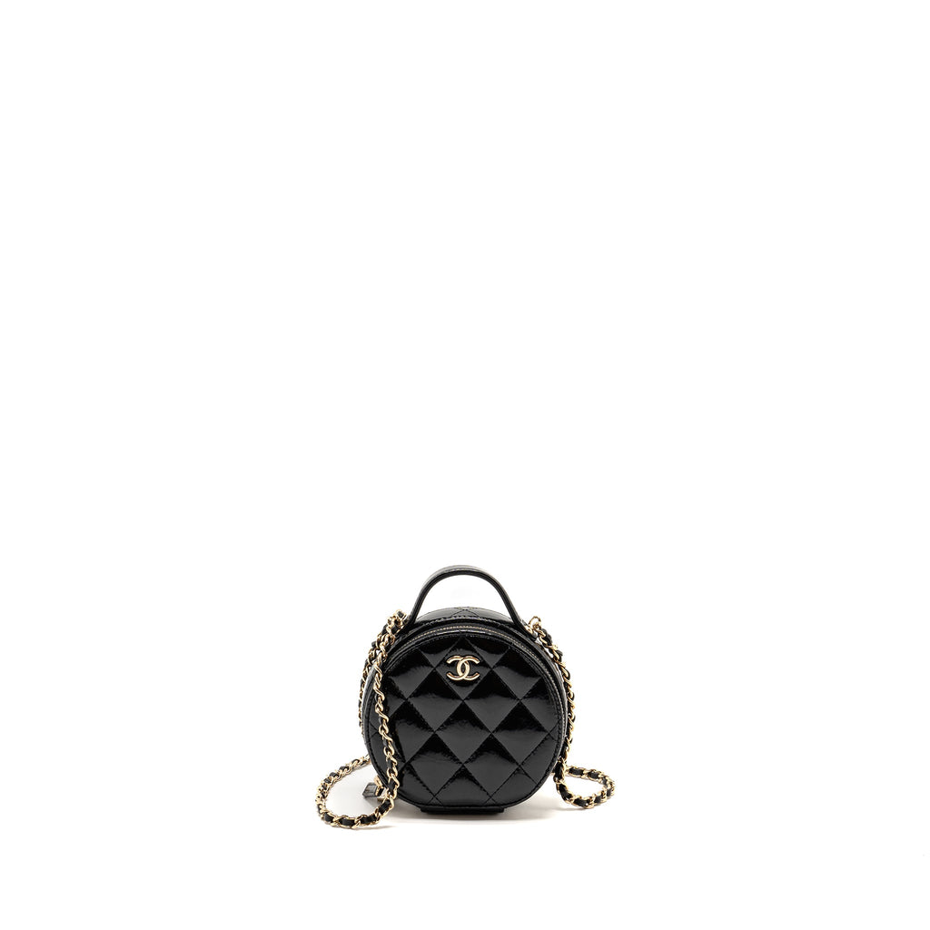 CHANEL 22B TOP HANDLE MINI ROUND VANITY CASE WITH CHAIN SHINY LAMBSKIN BLACK LGHW (MICROCHIP)
