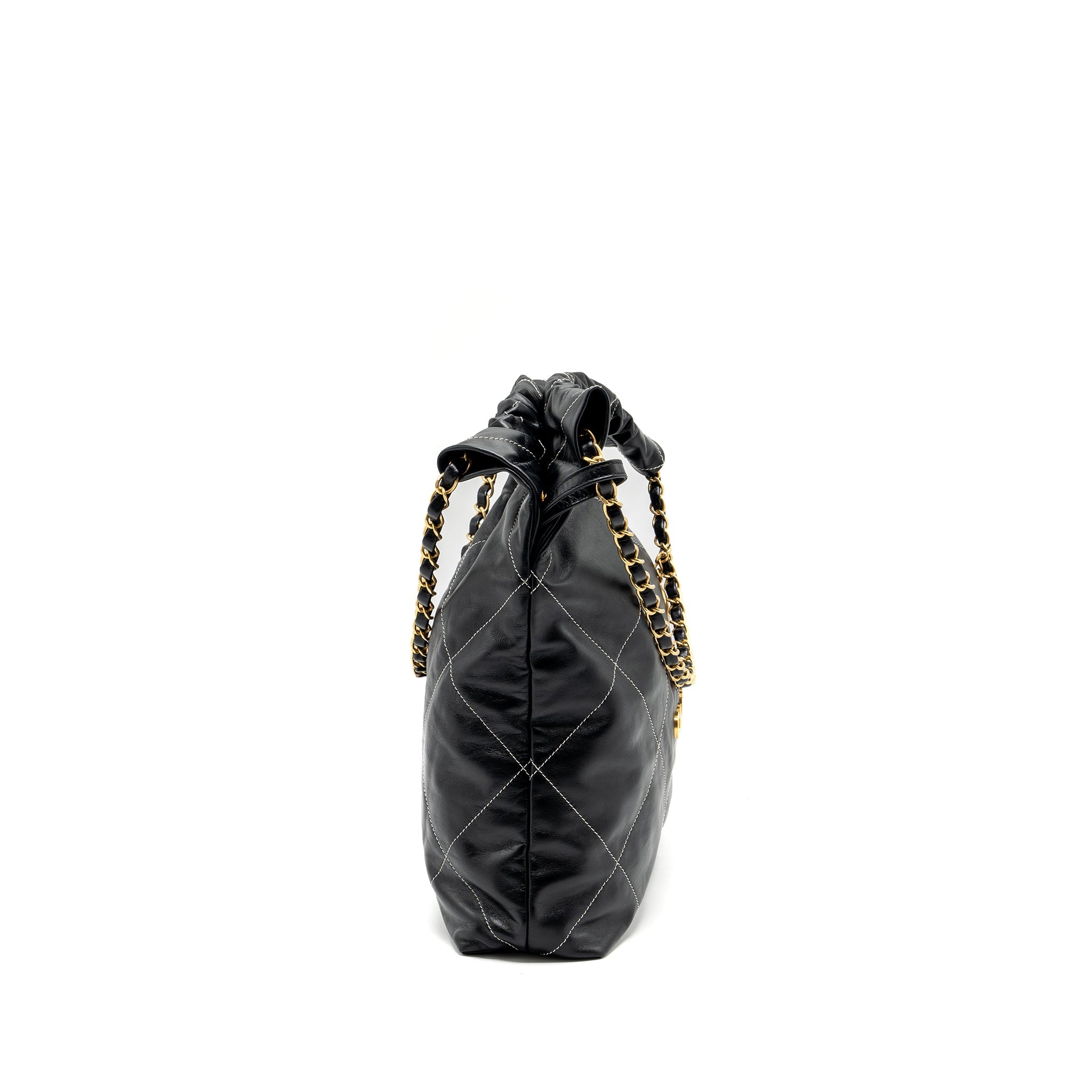 CHANEL MEDIUM 22 BAG SHINY CALFSKIN BLACK WITH WHITE STITCHING GOLD LETTER GHW (MICROCHIP)
