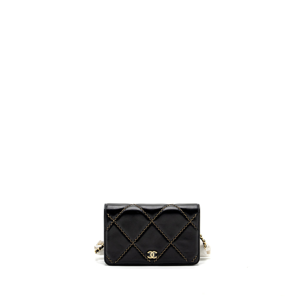 CHANEL QUILTED WALLET ON CHAIN SHINY CALFSKIN BLACK GHW (MICROCHIP)