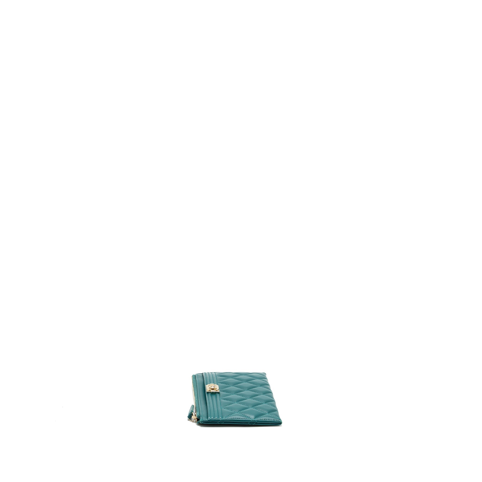 CHANEL BOY ZIP POUCH LAMBSKIN GREEN LGHW