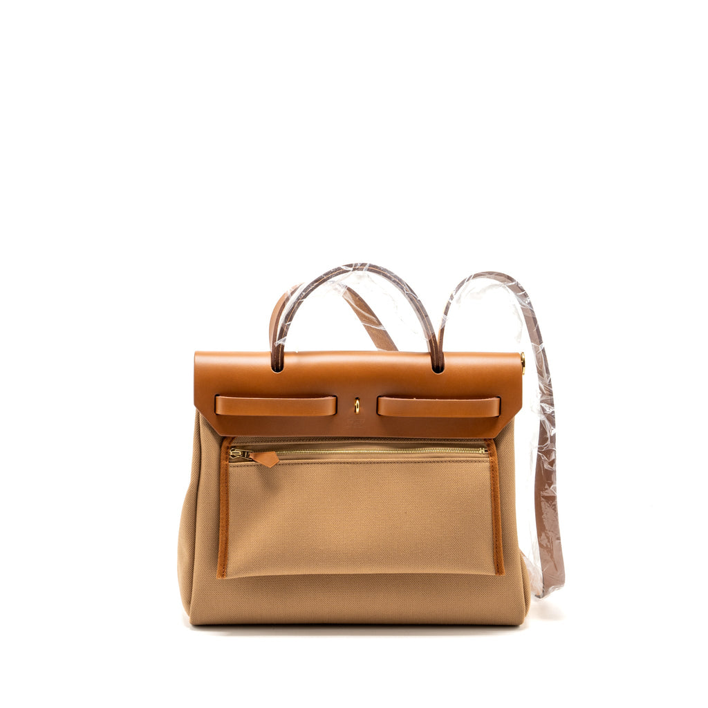 HERMES HERBAG 31 ZIP BAG CANVAS/VACHE HUNTER CHAI / FAUVE GHW