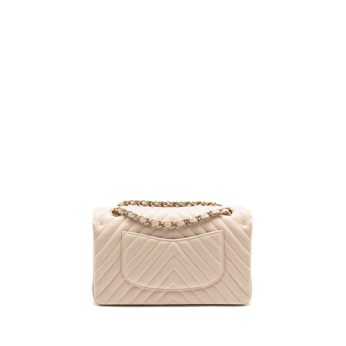 CHANEL MEDIUM CLASSIC DOUBLE FLAP BAG CHEVRON CAVIAR LIGHT BEIGE LGHW