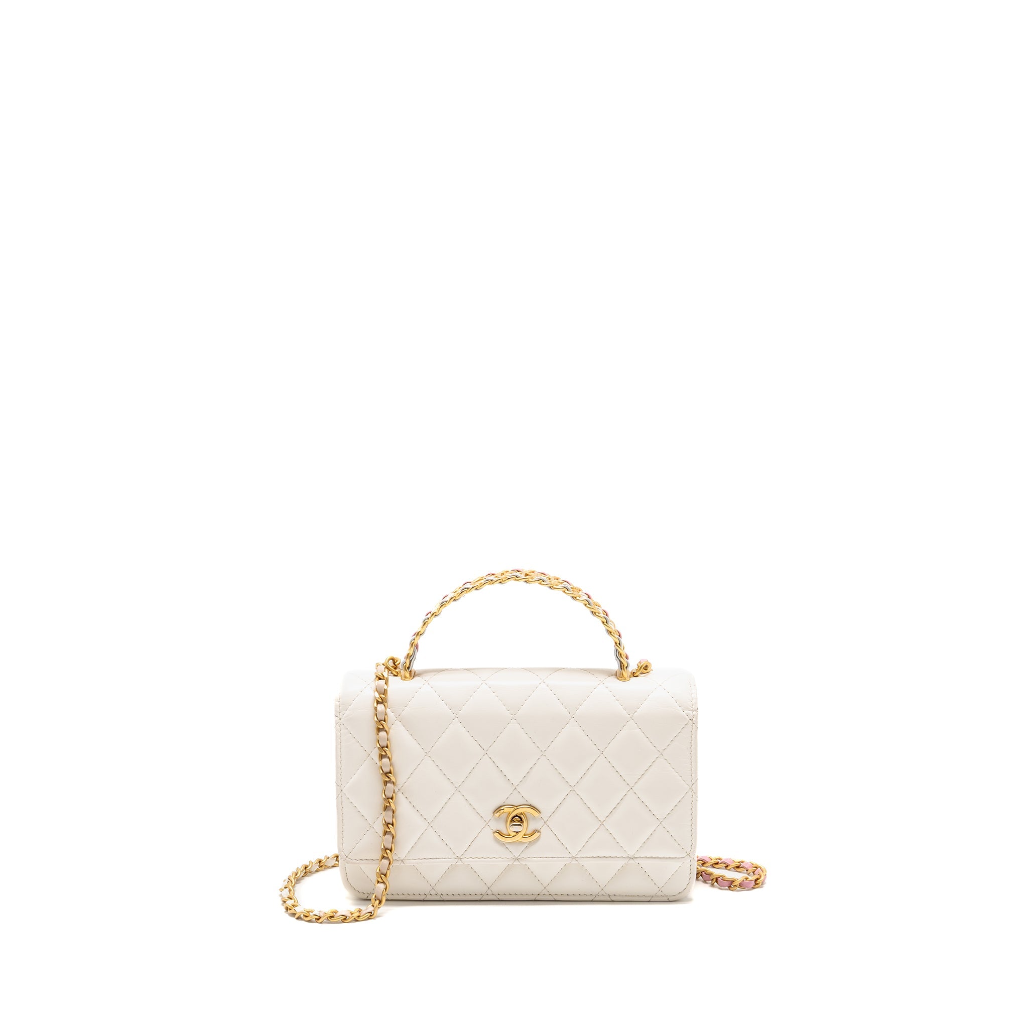 CHANEL TOP HANDLE WALLET WITH CHAIN CALFSKIN WHITE GHW (MICROCHIP)