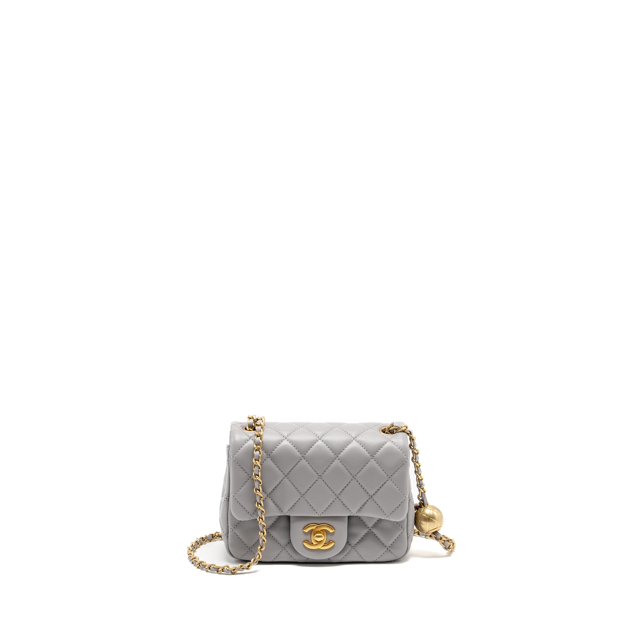 CHANEL PEARL CRUSH MINI SQUARE FLAP BAG LAMBSKIN LIGHT GREY GHW (MICROCHIP)