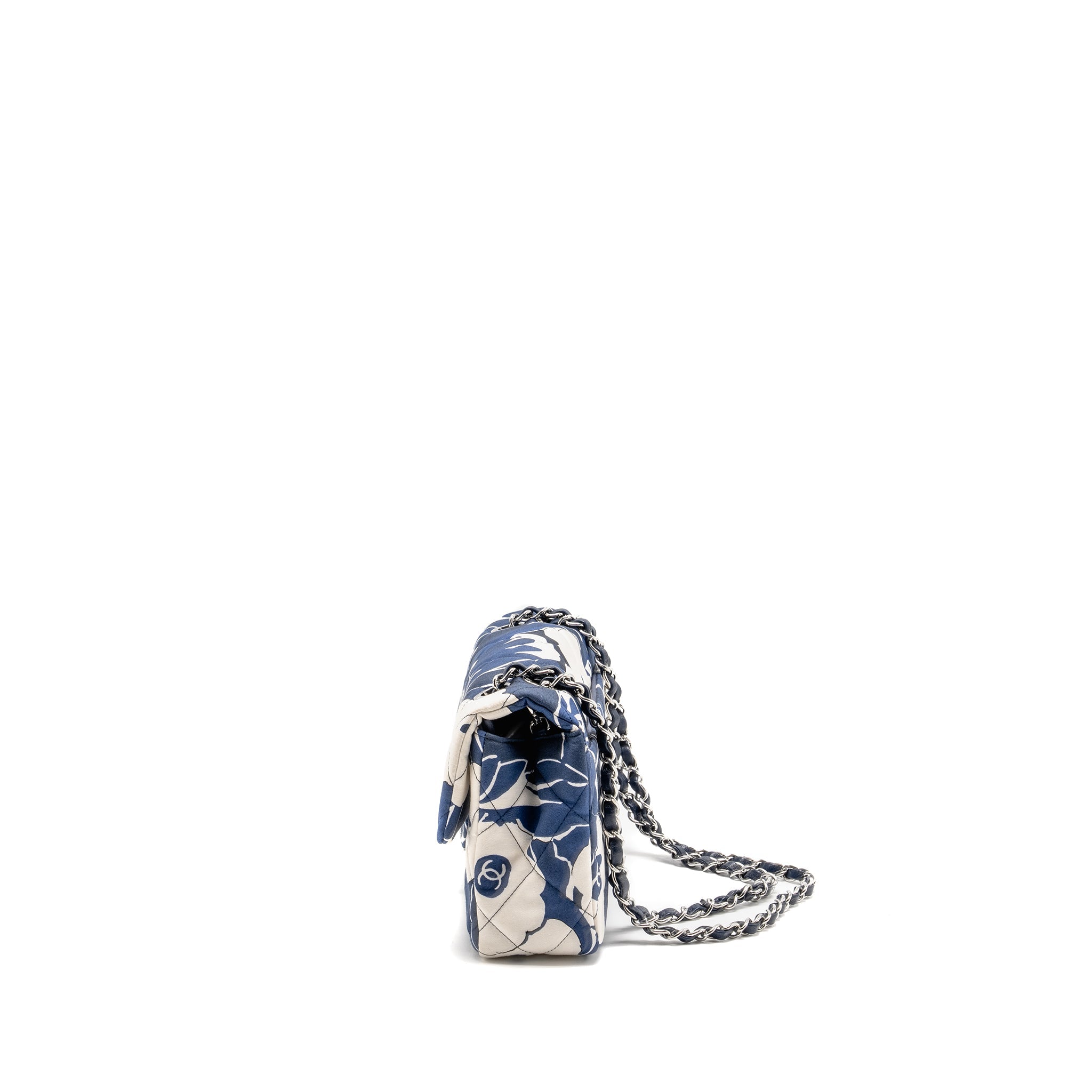 CHANEL MEDIUM LIMITED EDITION FLORA PRINTED CLASSIC FLAP BAG SILK BLUE/WHITE SHW (MICROCHIP)