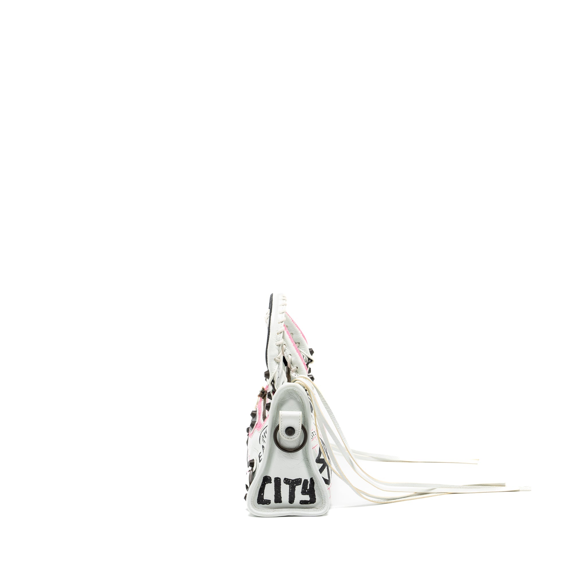 BALENCIAGA CITY GRAFFITI CLASSIC STUDS BAG LEATHER WHITE / PINK/ BLACK WITH BLACK HARDWARE
