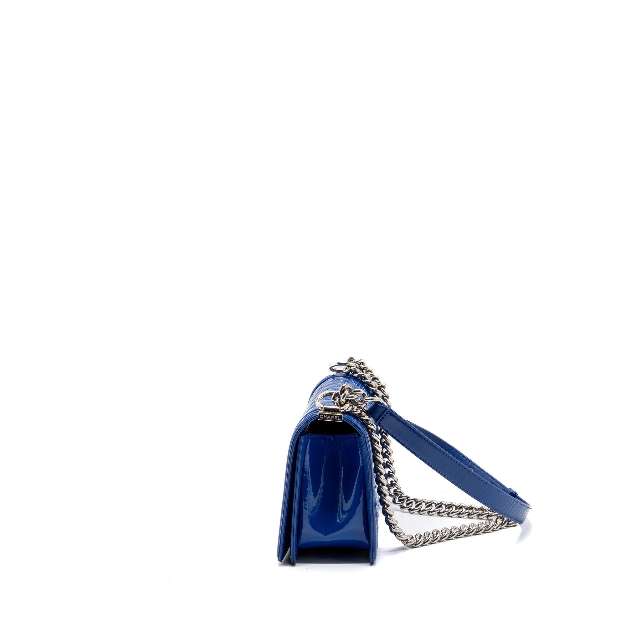 CHANEL MEDIUM BOY BAG PATENT DARK BLUE SHW