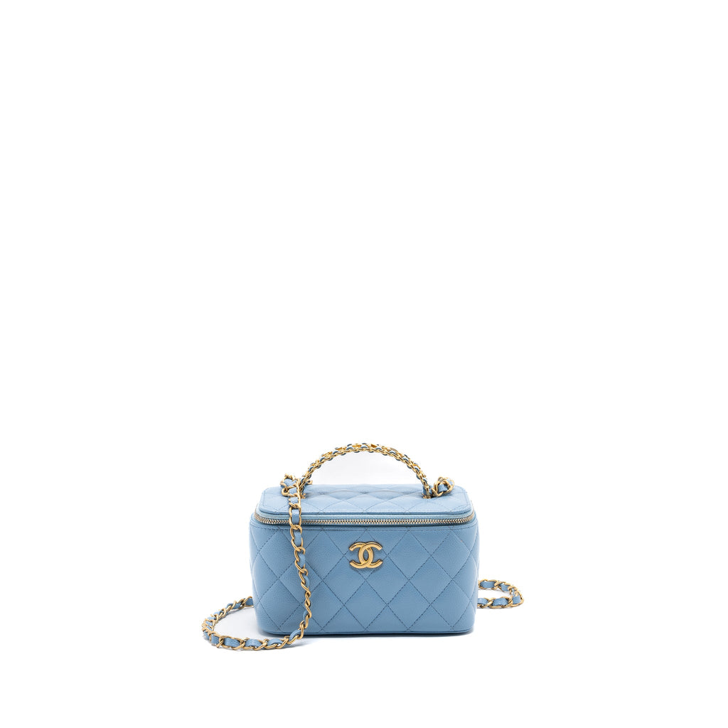 CHANEL DETAILED TOP HANDLE LONG VANITY WITH CHAIN CAVIAR LIGHT BLUE GHW