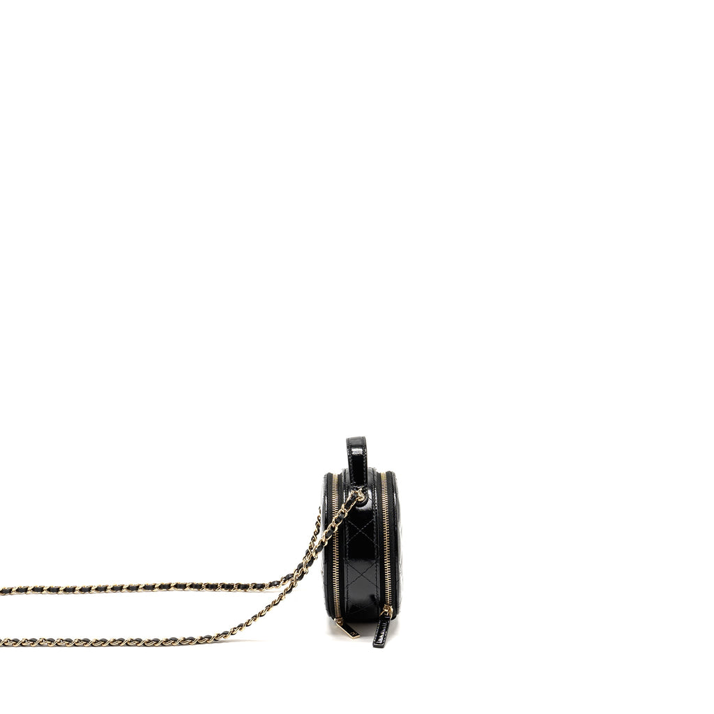 CHANEL 22B TOP HANDLE MINI ROUND VANITY CASE WITH CHAIN SHINY LAMBSKIN BLACK LGHW (MICROCHIP)