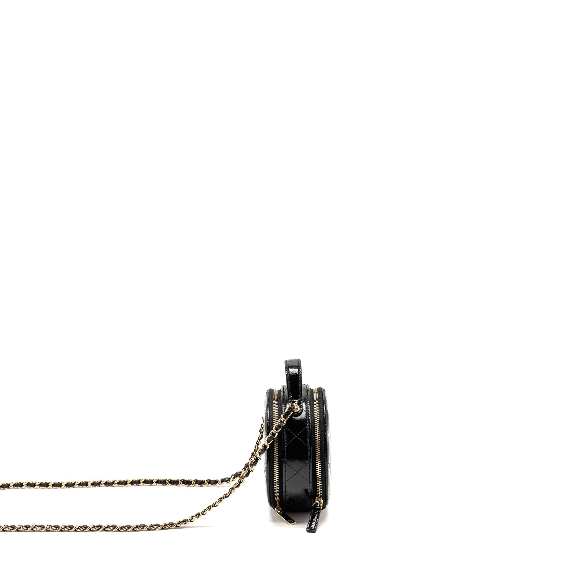 CHANEL 22B TOP HANDLE MINI ROUND VANITY CASE WITH CHAIN SHINY LAMBSKIN BLACK LGHW (MICROCHIP)