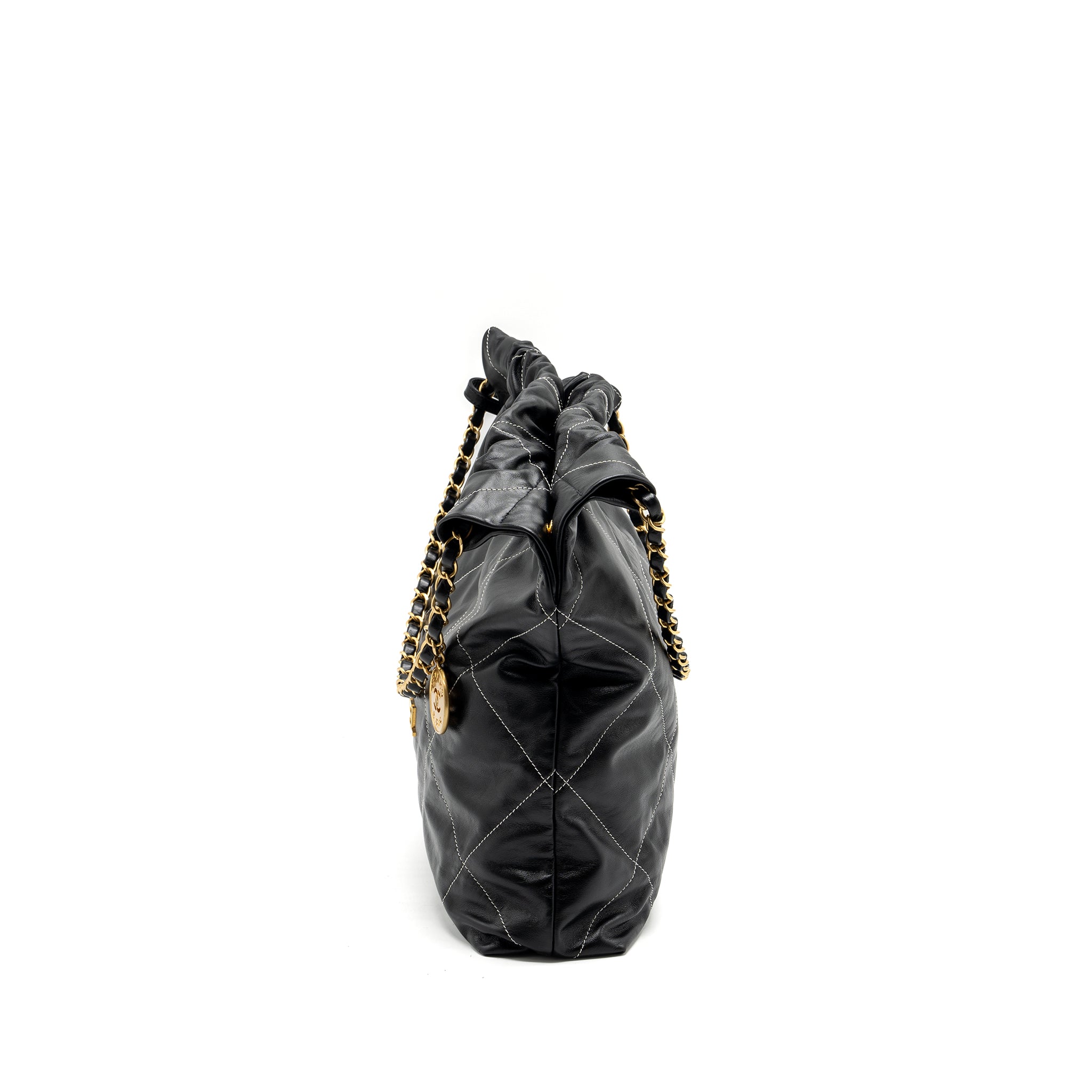 CHANEL MEDIUM 22 BAG SHINY CALFSKIN BLACK WITH WHITE STITCHING GOLD LETTER GHW (MICROCHIP)