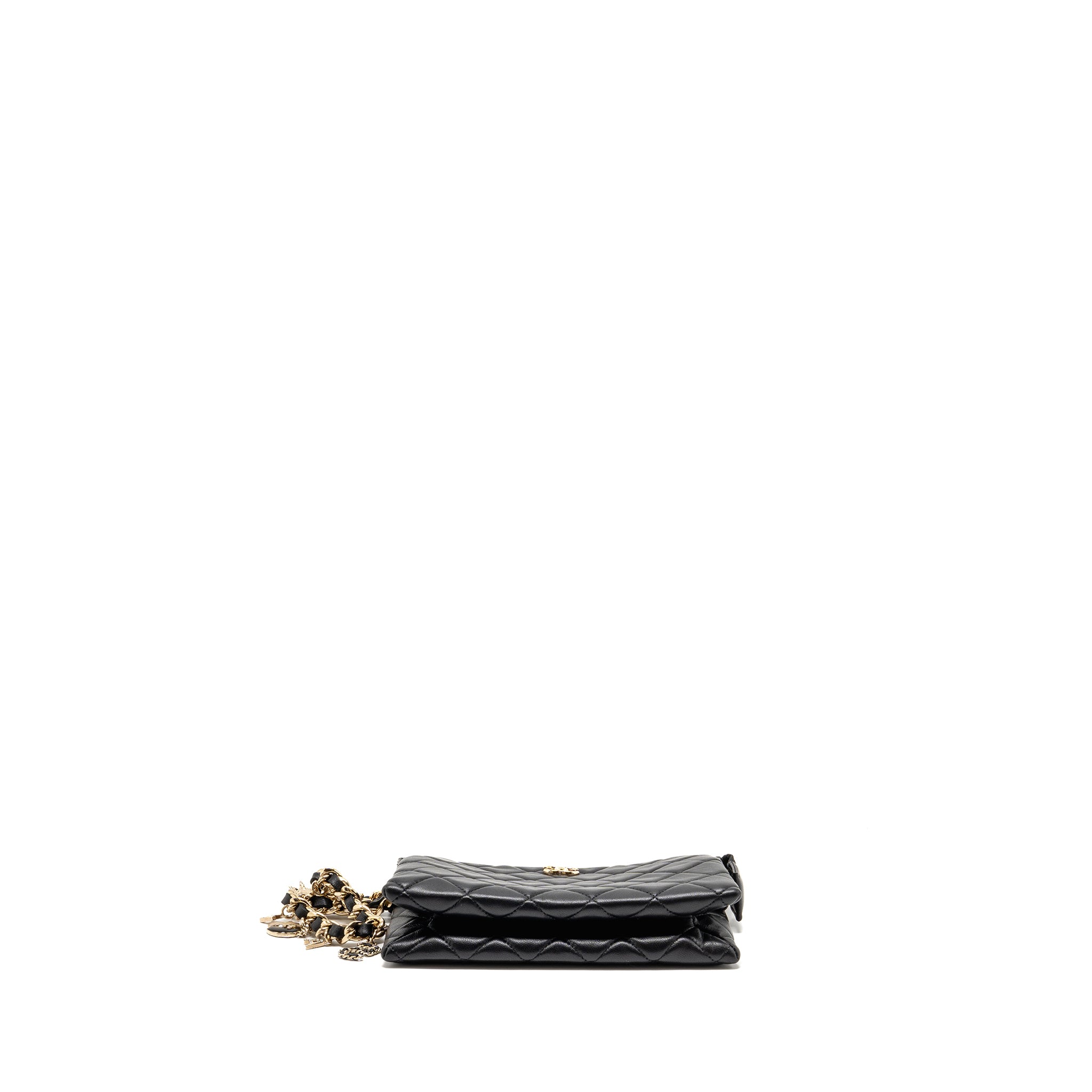 CHANEL COCO CHARMS CHAIN QUILTED POUCH BAG LAMBSKIN BLACK LGHW