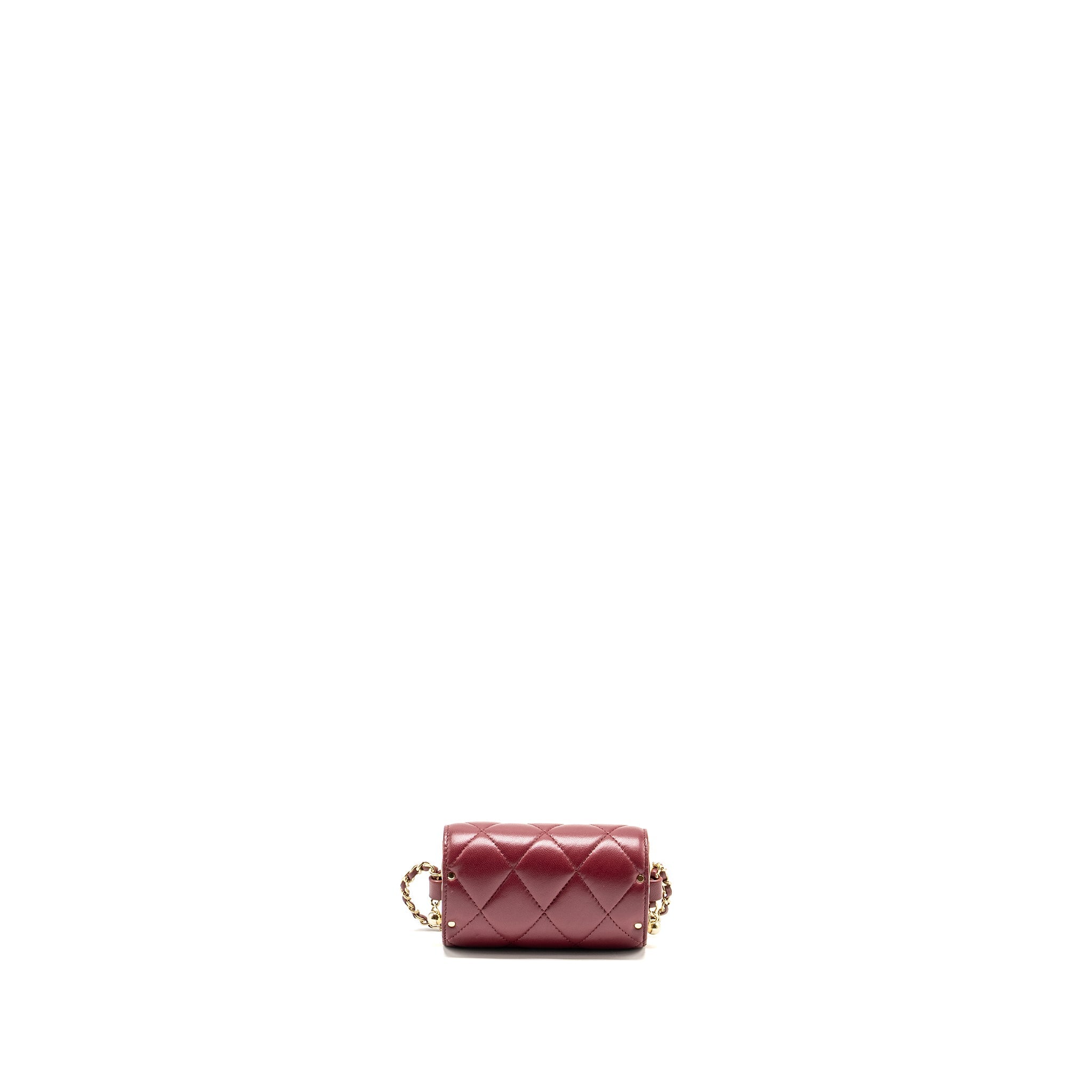 CHANEL QUILTED BOX OF SECRETS LIPSTICK CASE / CARD HOLDER WITH CHAIN LAMBSKIN BURGUNDY GHW