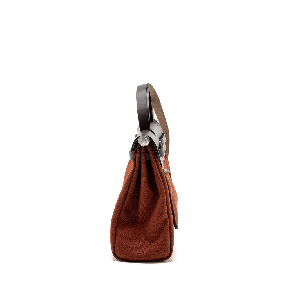 HERMES HERBAG ZIP 31 BAG CANVAS/ HUNTER LEATHER ROUGE H / EBENE SHW