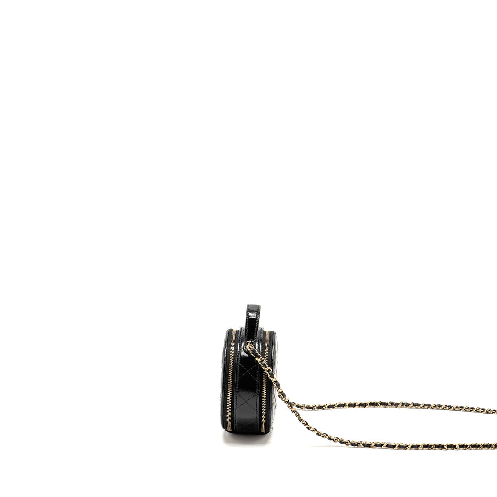 CHANEL 22B TOP HANDLE MINI ROUND VANITY CASE WITH CHAIN SHINY LAMBSKIN BLACK LGHW (MICROCHIP)