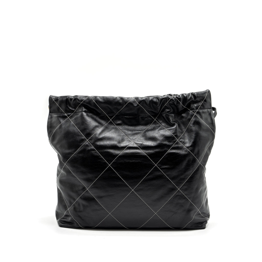 CHANEL MEDIUM 22 BAG SHINY CALFSKIN BLACK WITH WHITE STITCHING GOLD LETTER GHW (MICROCHIP)