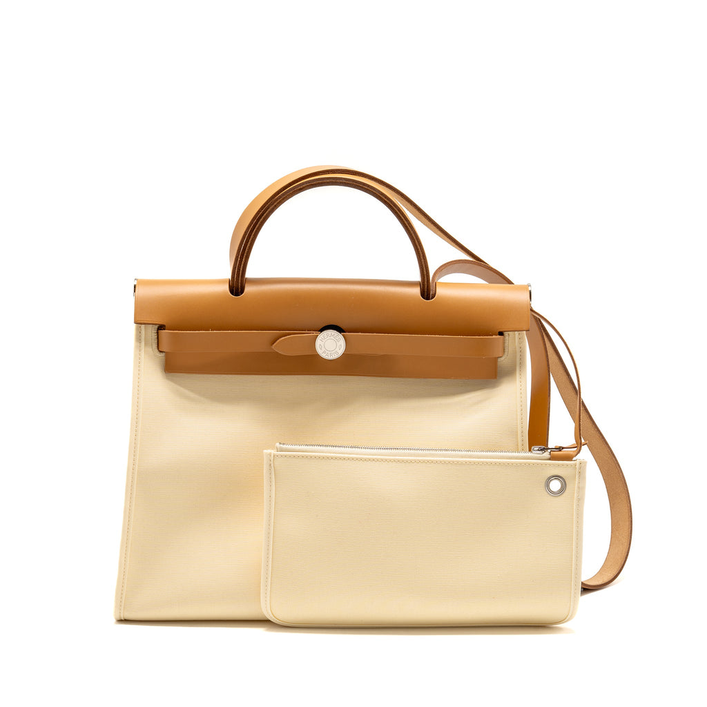 HERMES HERBAG 31 ZIP BAG CANVAS/HUNTER LEATHER VANILLE/NATUREL-SABLE SHW