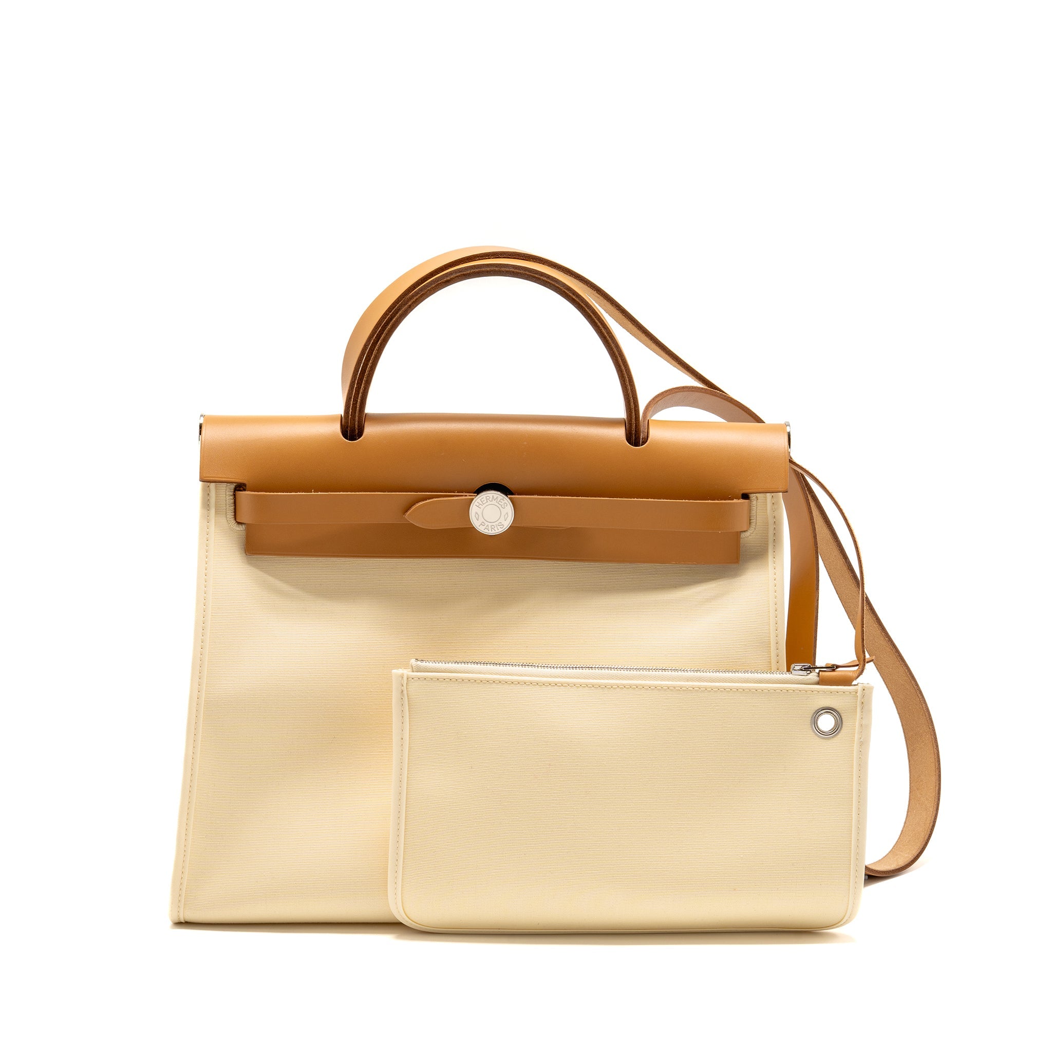 HERMES HERBAG 31 ZIP BAG CANVAS/HUNTER LEATHER VANILLE/NATUREL-SABLE SHW