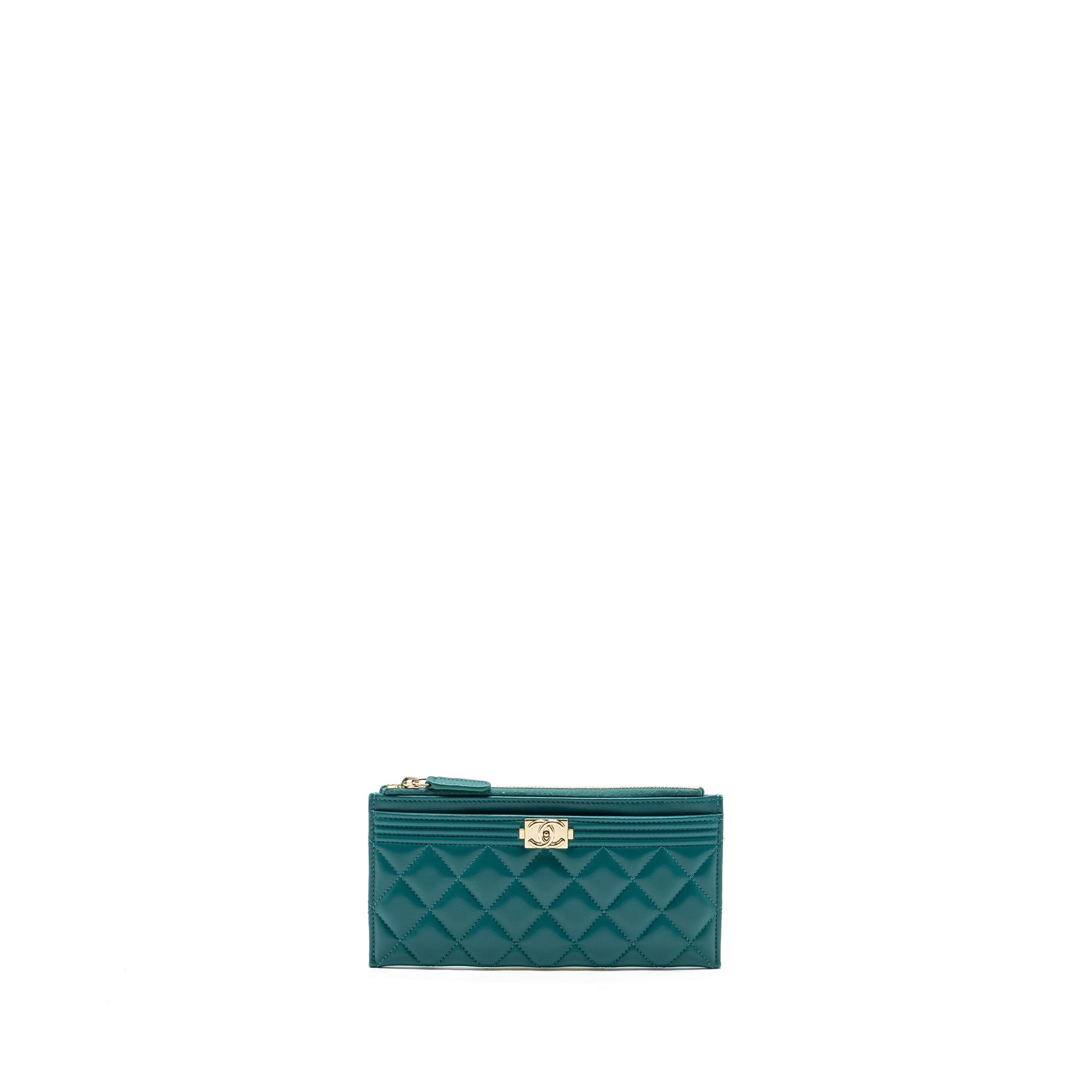 CHANEL BOY ZIP POUCH LAMBSKIN GREEN LGHW