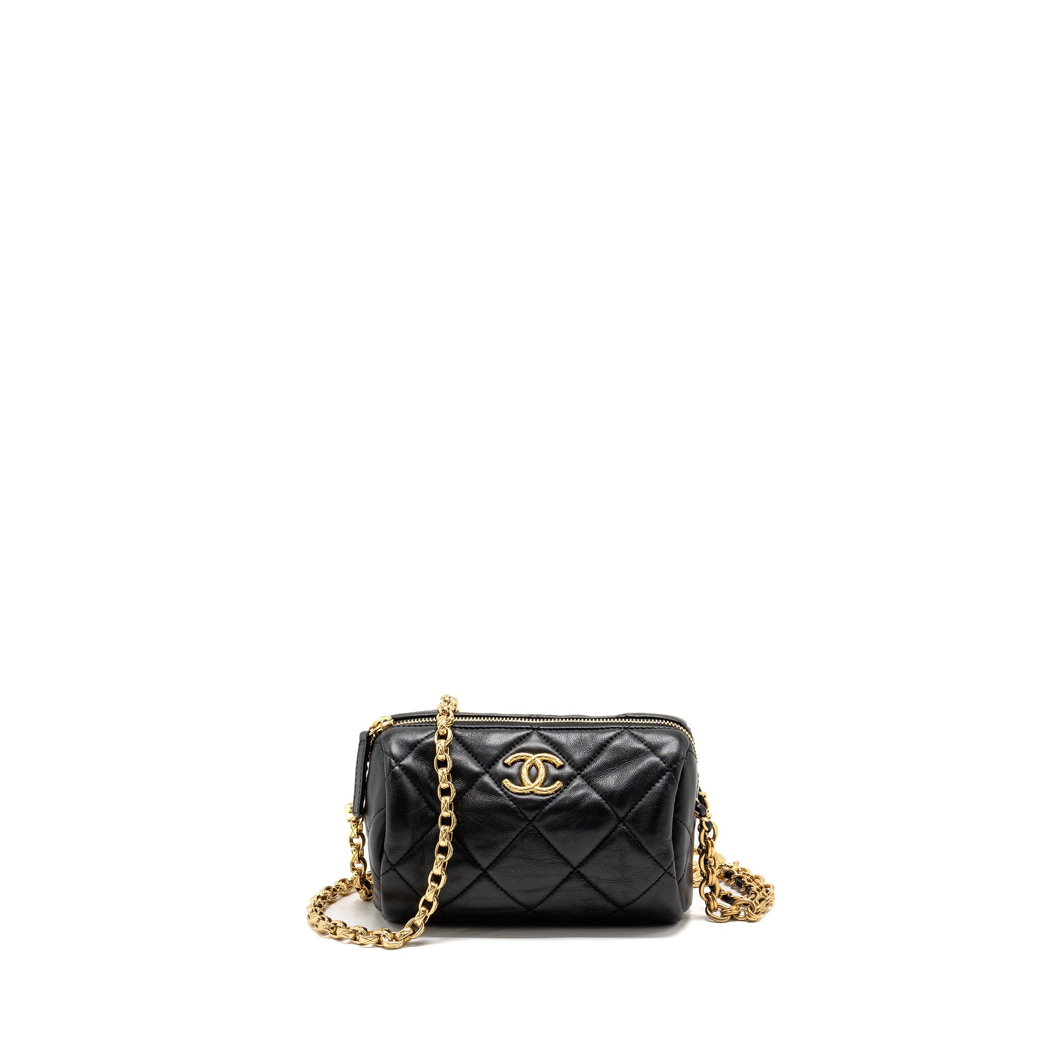CHANEL 22A DETAIL CHAIN BOWLING BAG LAMBSKIN BLACK GHW (MICROCHIP)
