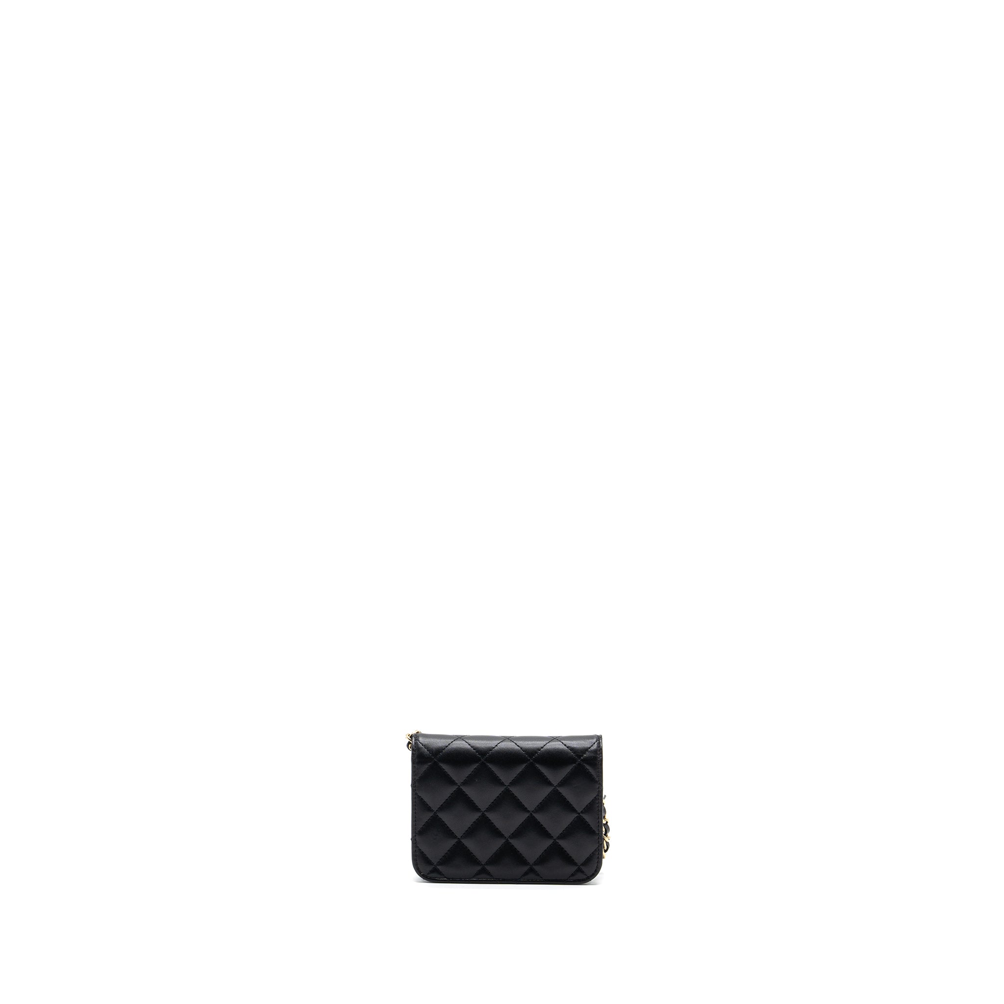 CHANEL MINI FLAP CARD HOLDER WITH RIBBON CHAIN LAMBSKIN BLACK LGHW