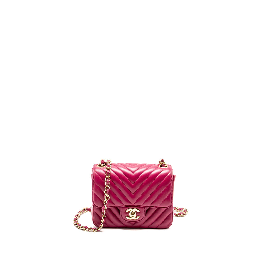 CHANEL MINI SQUARE CHEVRON LAMBSKIN RASPBERRY RED LGHW