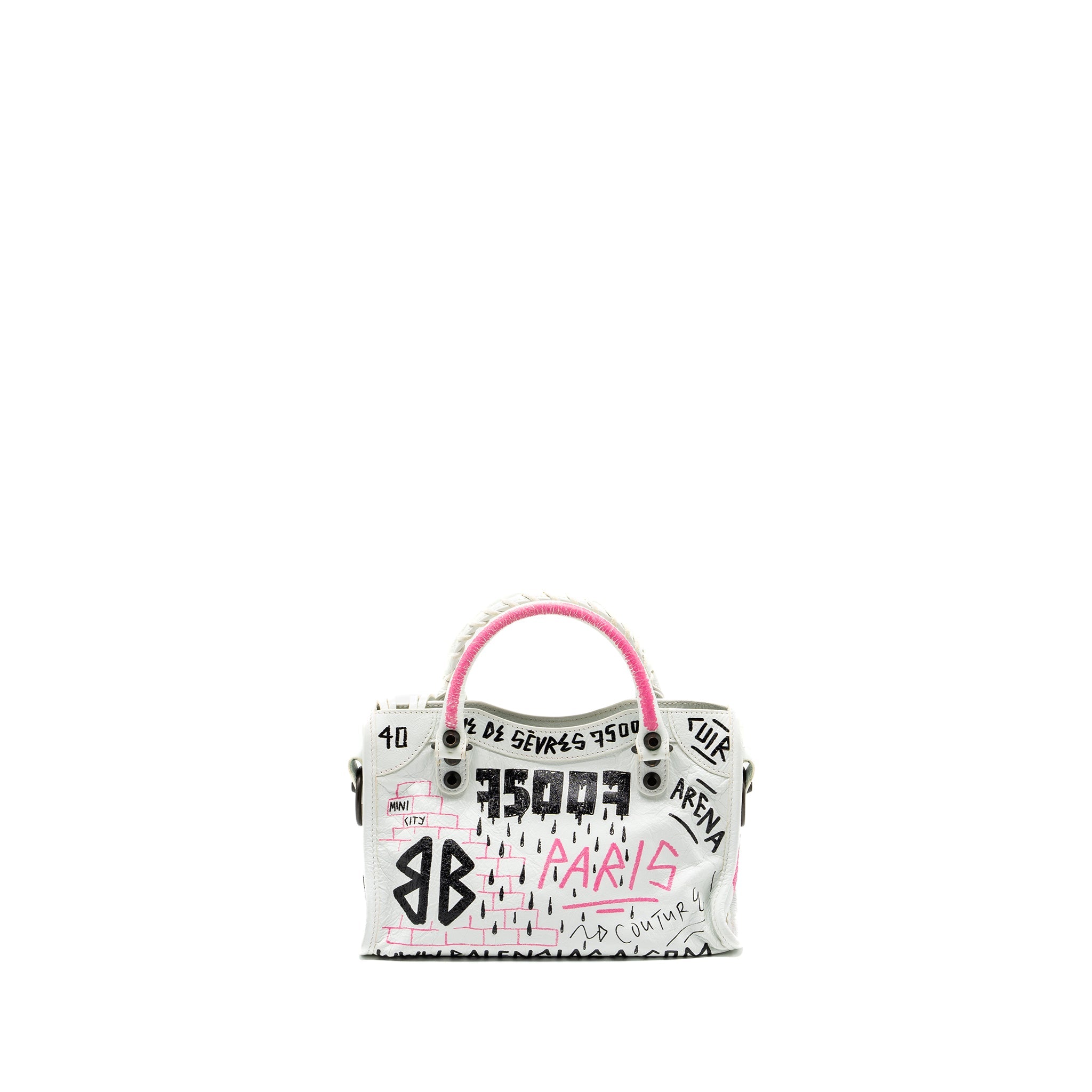 BALENCIAGA CITY GRAFFITI CLASSIC STUDS BAG LEATHER WHITE / PINK/ BLACK WITH BLACK HARDWARE