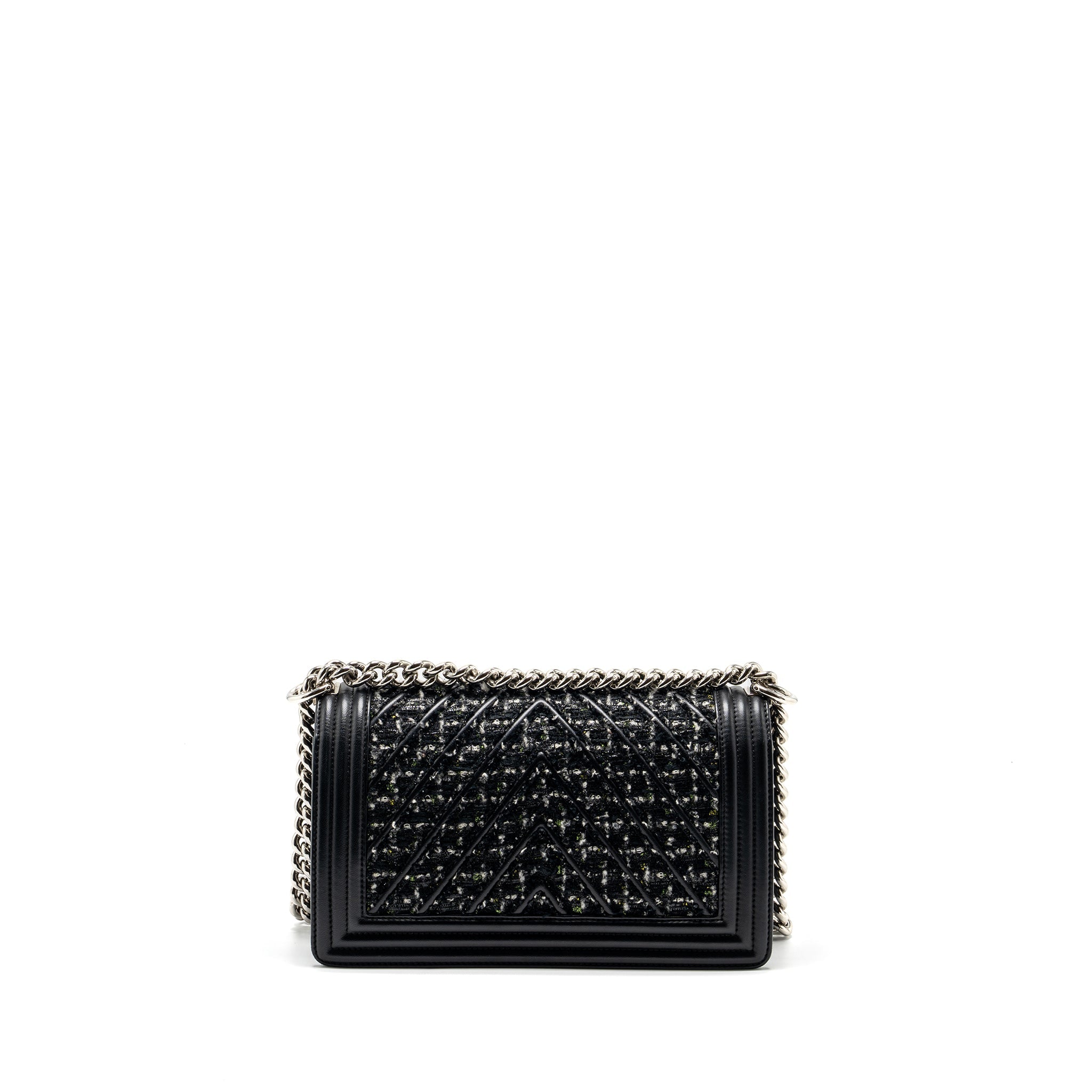 CHANEL MEDIUM BOY BAG TWEED/CALFSKIN BLACK/MULTICOLOUR SHW