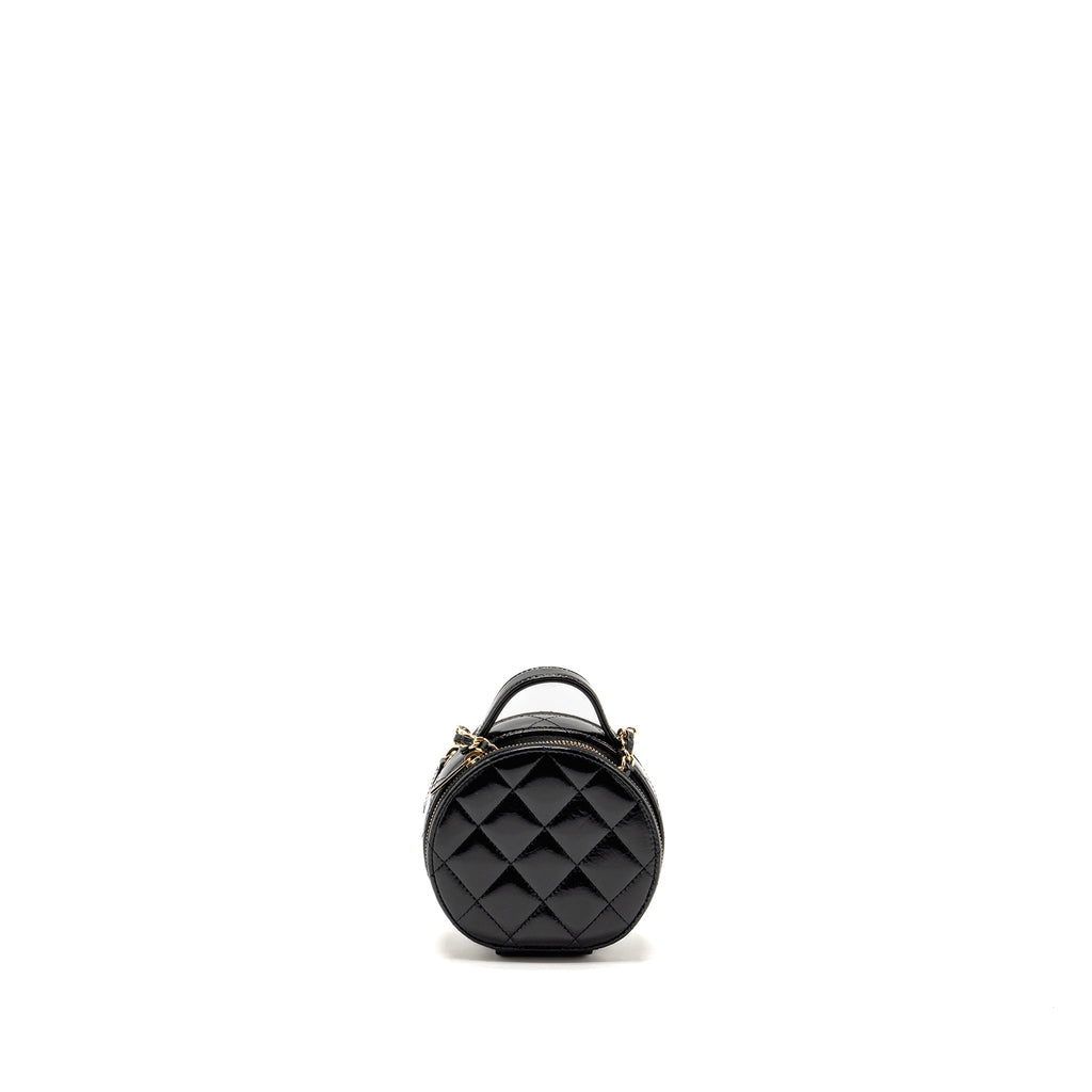 CHANEL 22B TOP HANDLE MINI ROUND VANITY CASE WITH CHAIN SHINY LAMBSKIN BLACK LGHW (MICROCHIP)