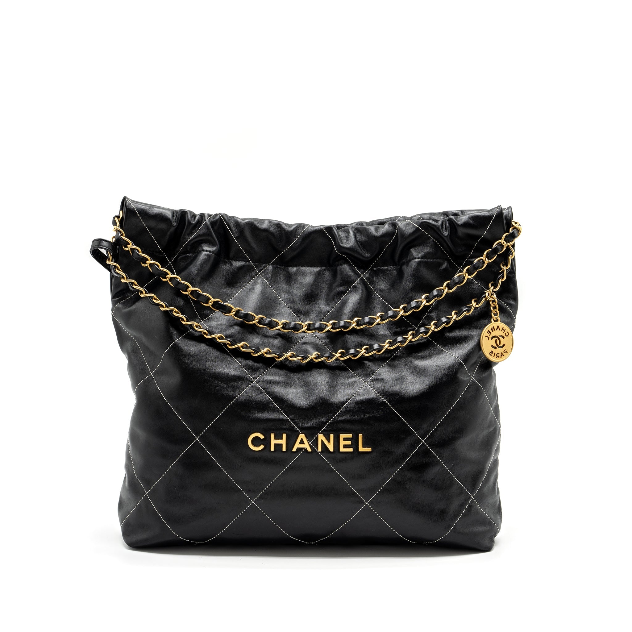 CHANEL MEDIUM 22 BAG SHINY CALFSKIN BLACK WITH WHITE STITCHING GOLD LETTER GHW (MICROCHIP)