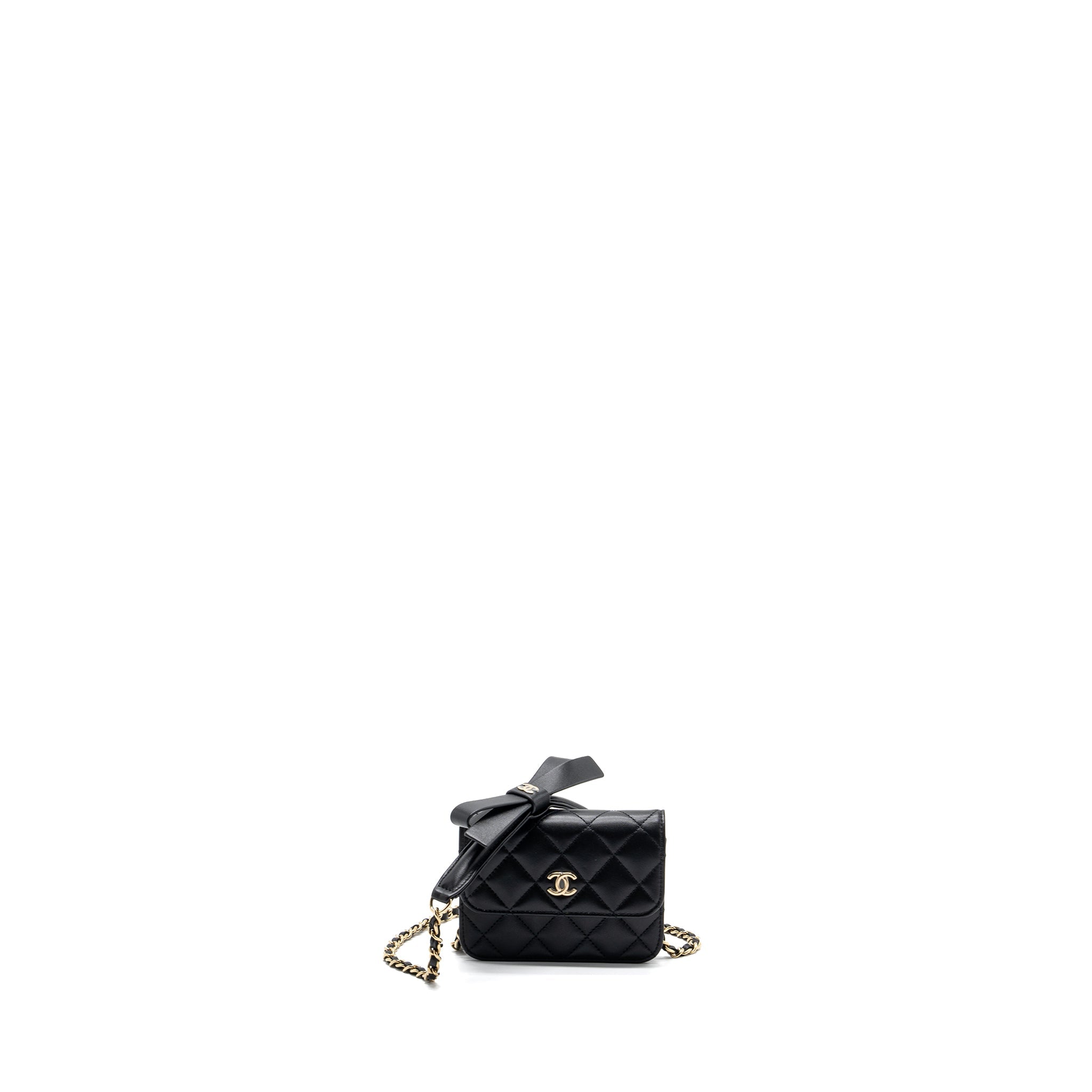 CHANEL MINI FLAP CARD HOLDER WITH RIBBON CHAIN LAMBSKIN BLACK LGHW