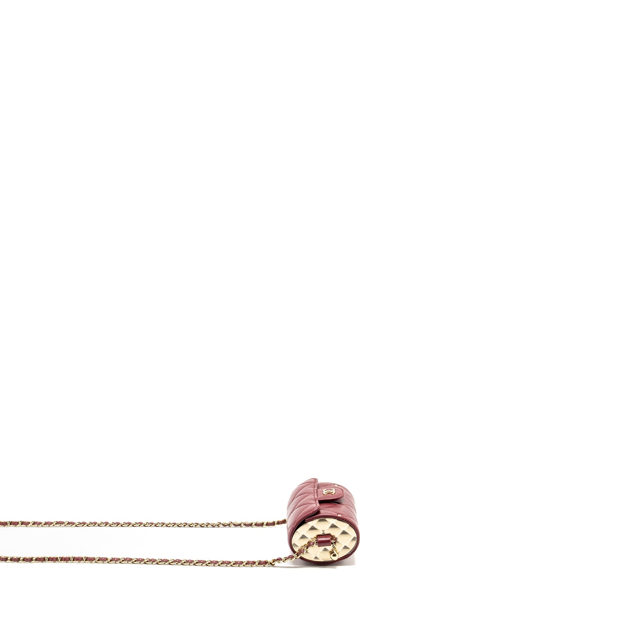 CHANEL QUILTED BOX OF SECRETS LIPSTICK CASE / CARD HOLDER WITH CHAIN LAMBSKIN BURGUNDY GHW
