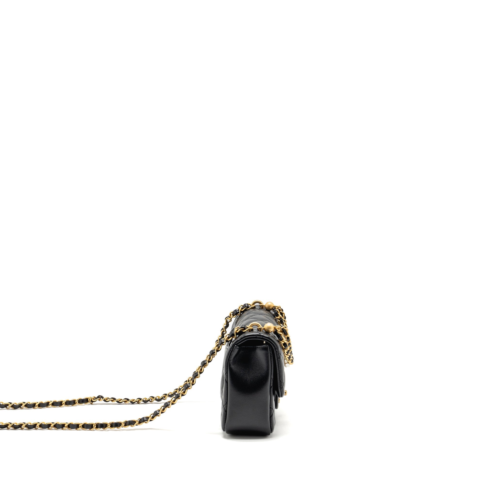 CHANEL 24P PEARL CHAIN MINI FLAP BAG LAMBSKIN BLACK GHW (MICROCHIP)