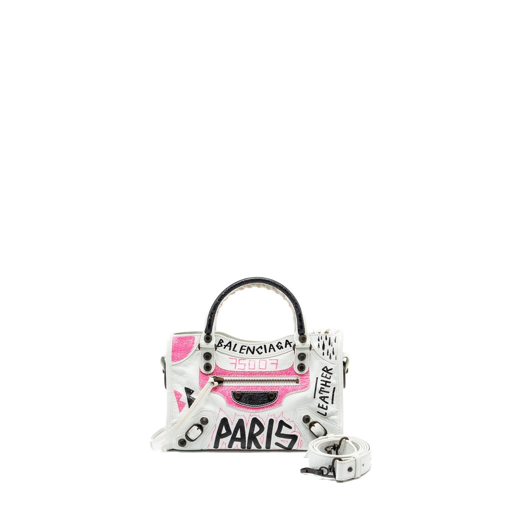 BALENCIAGA CITY GRAFFITI CLASSIC STUDS BAG LEATHER WHITE / PINK/ BLACK WITH BLACK HARDWARE