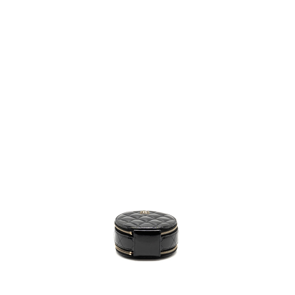 CHANEL 22B TOP HANDLE MINI ROUND VANITY CASE WITH CHAIN SHINY LAMBSKIN BLACK LGHW (MICROCHIP)