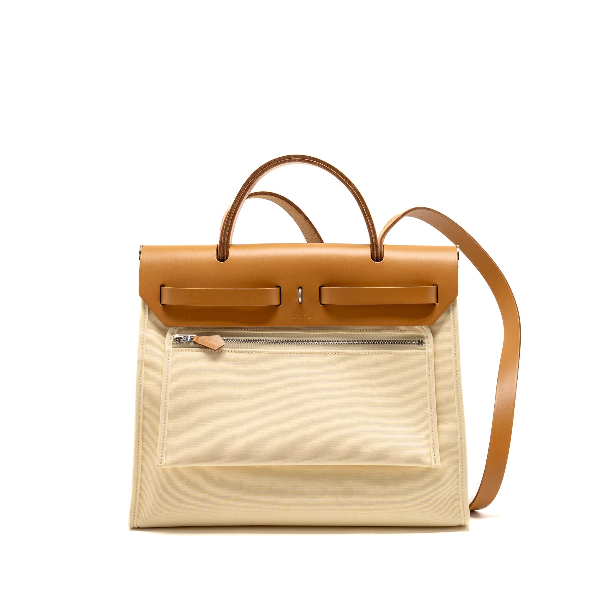 HERMES HERBAG 31 ZIP BAG CANVAS/HUNTER LEATHER VANILLE/NATUREL-SABLE SHW