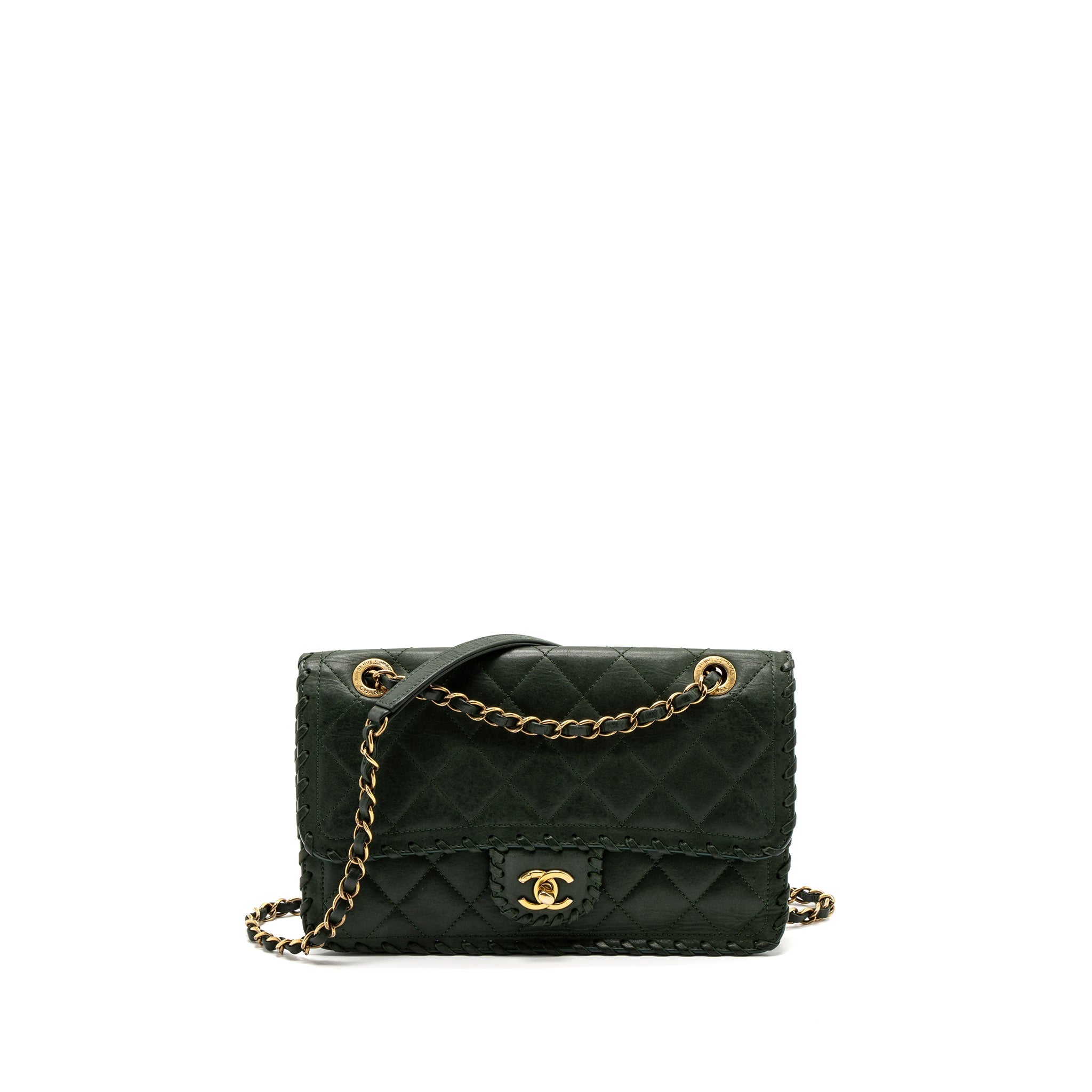 CHANEL QUILTED FLAP BAG CALFSKIN GREEN RUTHENIUM GHW
